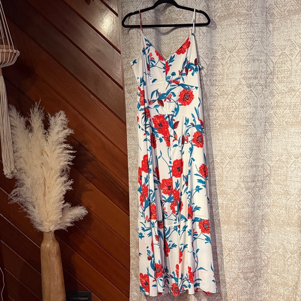 Bar III White Maxi Dress with Red and Blue Floral Print